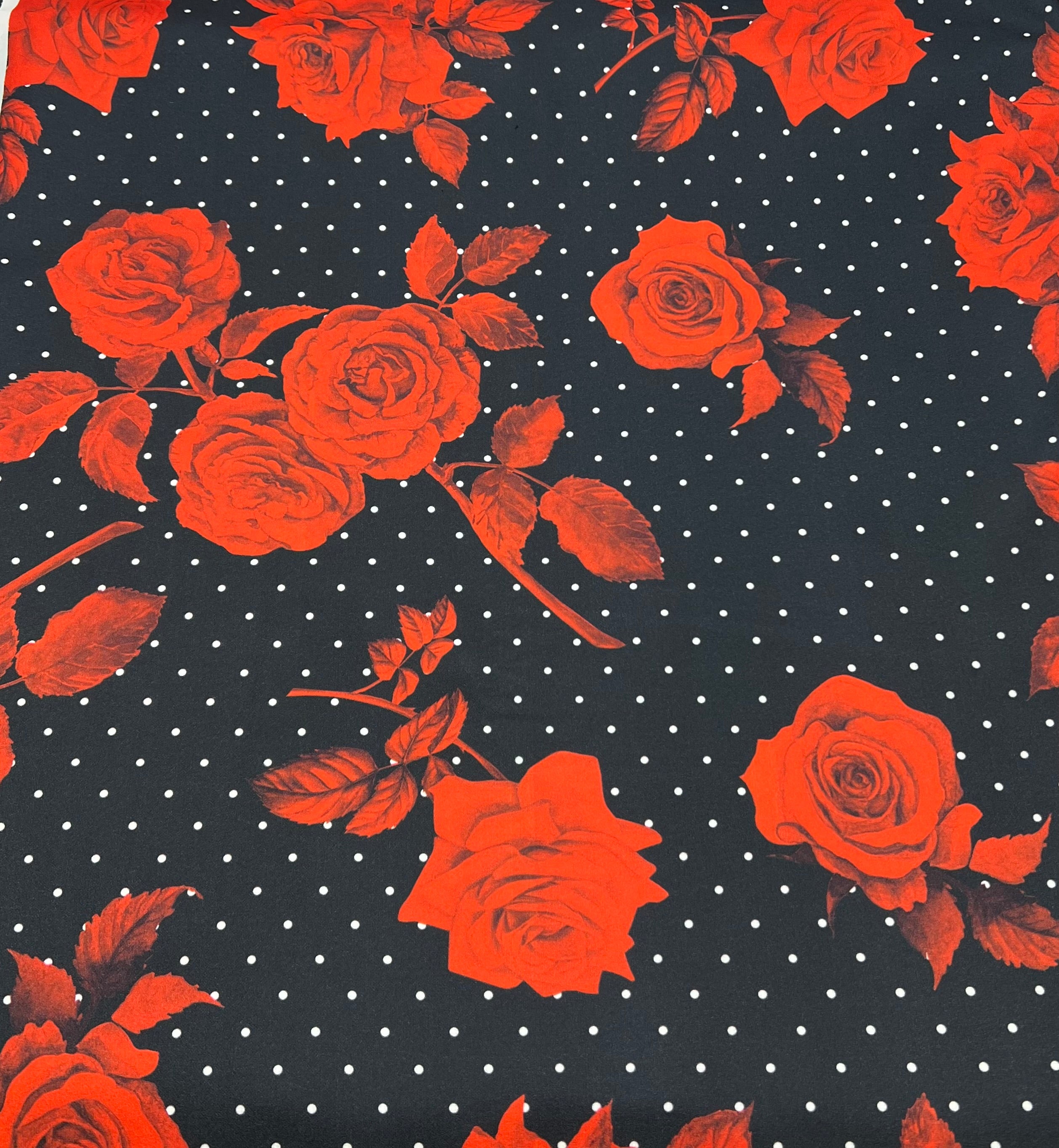 Black Rose Spot Printed Scuba Crepe Fabric 4 Way Stretch